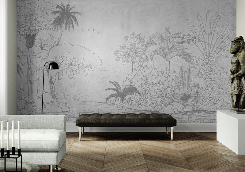 Schwarz-weiße botanische Tapete, Natur-Wandbild, akzentuierende Kinderzimmer-Tapete, tropische Tapete zum Abziehen und Aufkleben fürs Schlafzimmer, abnehmbares Wandbild