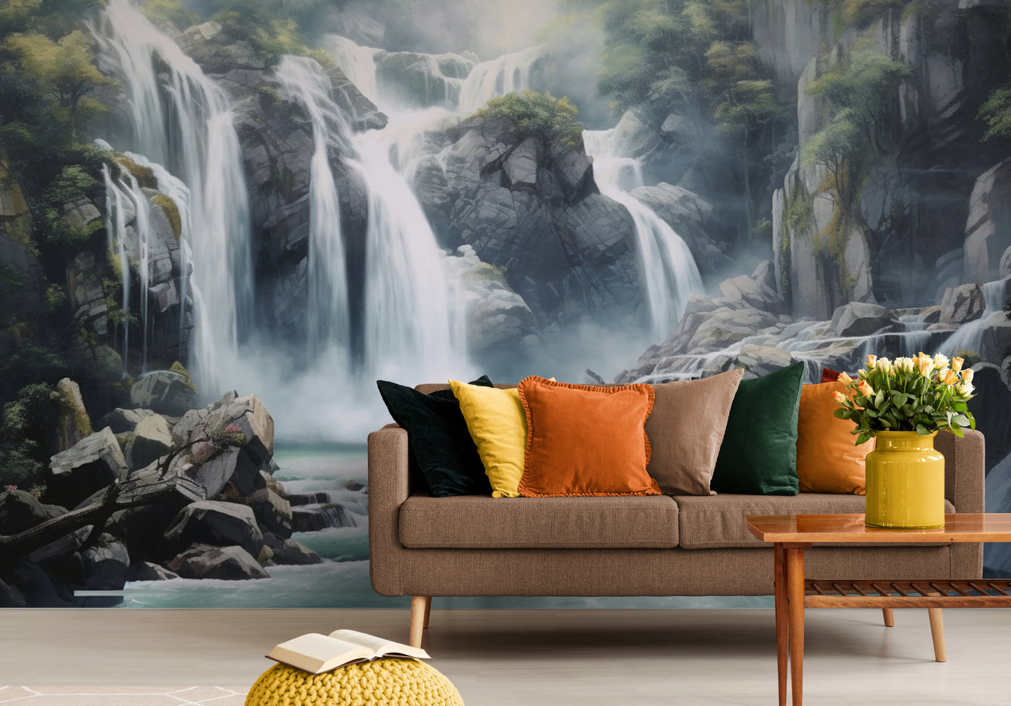 Wasserfall-Tapete, Tapete mit Bergen, Natur-Wandbild zum Abziehen und Aufkleben, selbstklebende Akzenttapete, Wohnzimmer-Wandbild