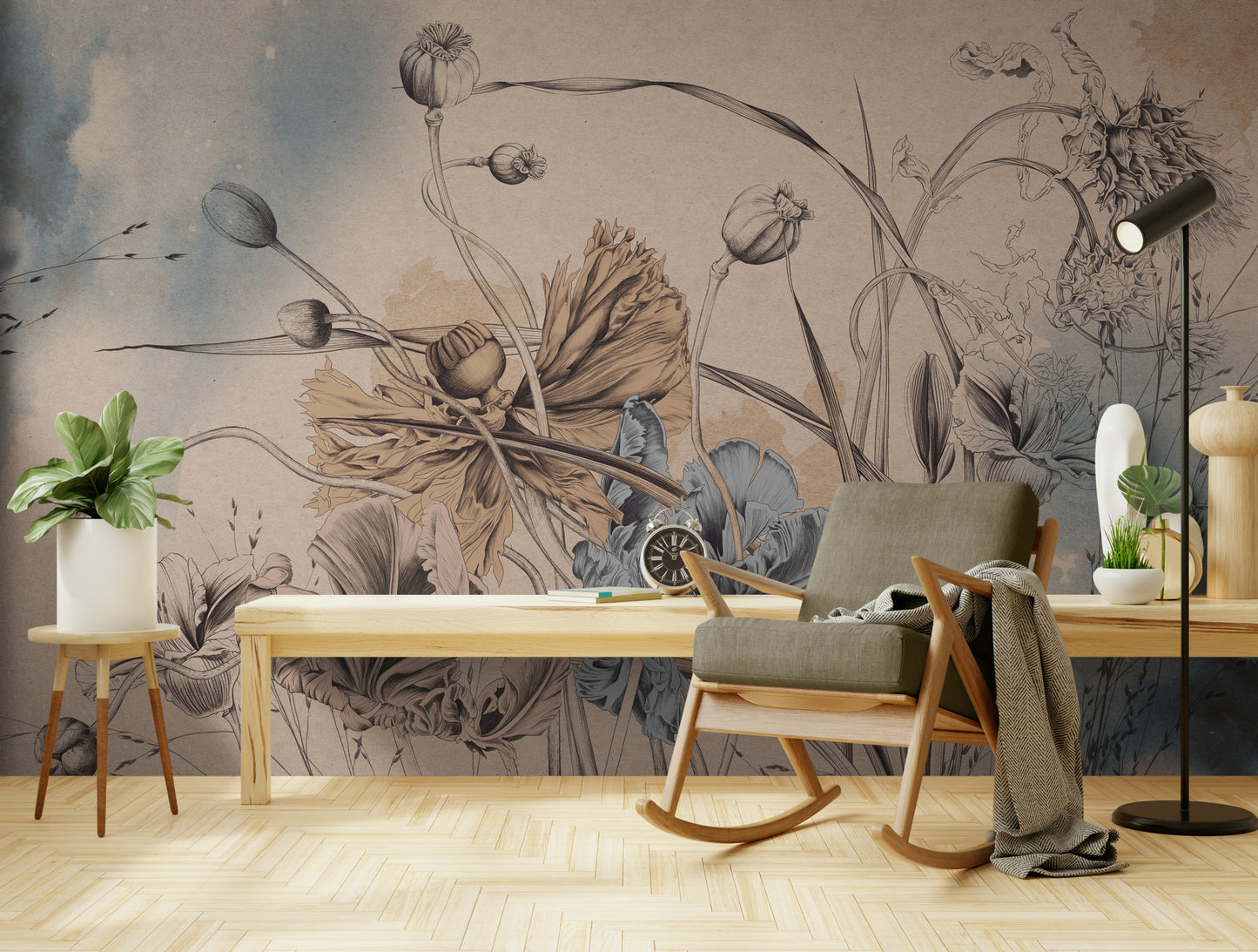 Extra große Kräutertapete, selbstklebendes Wandbild mit Mohnblumenbild, neutrale botanische Tapete, florales Wandbild zum Abziehen und Aufkleben, abnehmbare Tapete