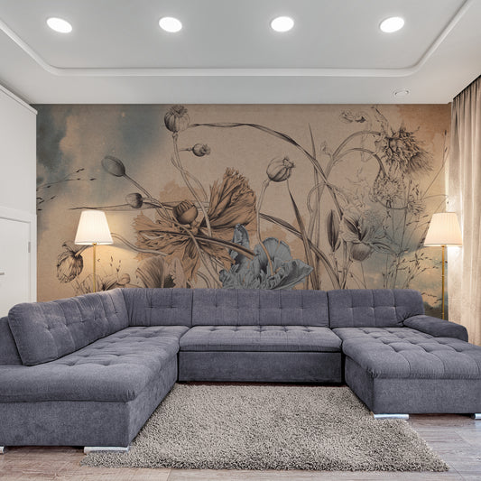 Extra große Kräutertapete, selbstklebendes Wandbild mit Mohnblumenbild, neutrale botanische Tapete, florales Wandbild zum Abziehen und Aufkleben, abnehmbare Tapete