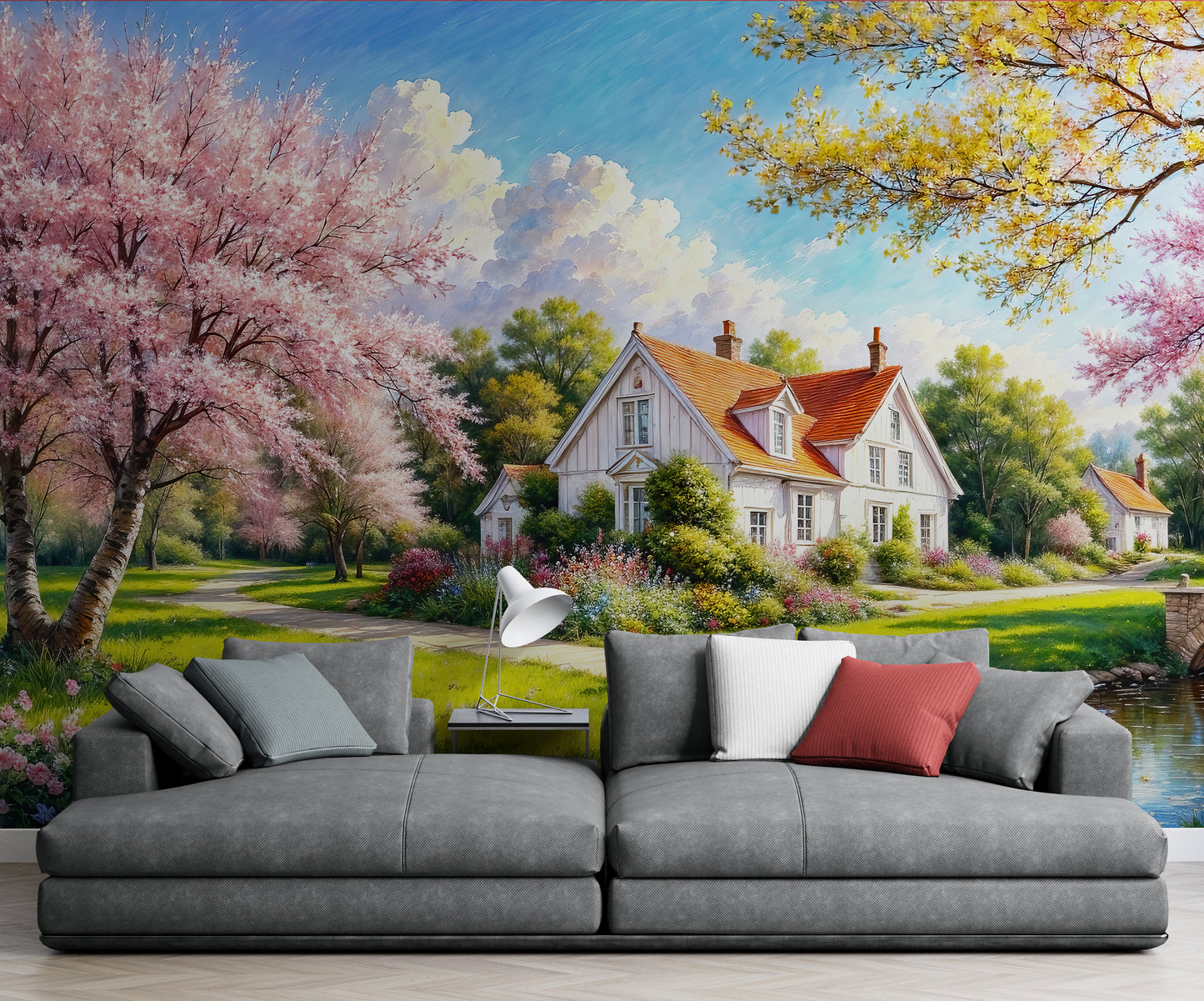 Bunte Bauernhaustapete, selbstklebendes Naturwandbild, Abzieh- und Klebetapete mit rosa Bäumen, botanisches Tapetenwandbild, temporäre Tapete für Wohnzimmer