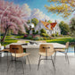 Bunte Bauernhaustapete, selbstklebendes Naturwandbild, Abzieh- und Klebetapete mit rosa Bäumen, botanisches Tapetenwandbild, temporäre Tapete für Wohnzimmer