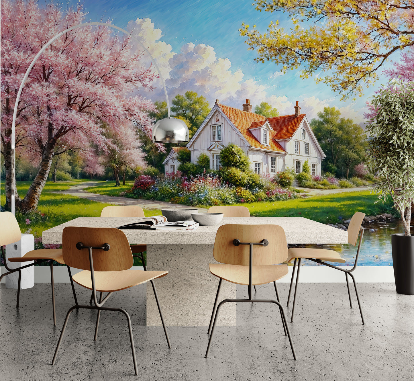 Bunte Bauernhaustapete, selbstklebendes Naturwandbild, Abzieh- und Klebetapete mit rosa Bäumen, botanisches Tapetenwandbild, temporäre Tapete für Wohnzimmer