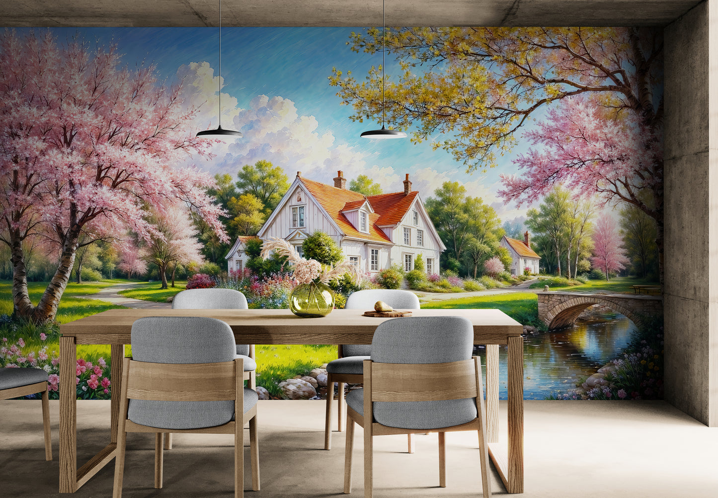 Bunte Bauernhaustapete, selbstklebendes Naturwandbild, Abzieh- und Klebetapete mit rosa Bäumen, botanisches Tapetenwandbild, temporäre Tapete für Wohnzimmer