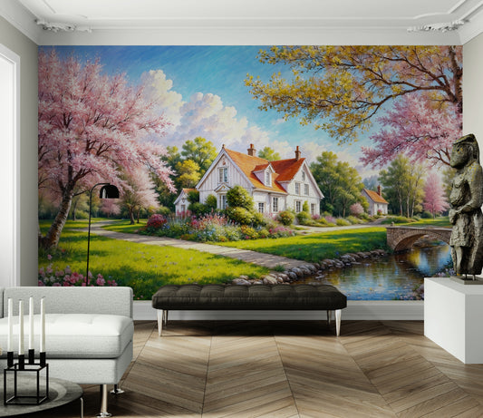 Bunte Bauernhaustapete, selbstklebendes Naturwandbild, Abzieh- und Klebetapete mit rosa Bäumen, botanisches Tapetenwandbild, temporäre Tapete für Wohnzimmer