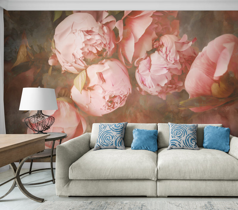 Pfingstrosen-Tapete, extra große Blumentapete, abziehbare und aufklebbare Tapete mit rosa Pfingstrosen, selbstklebende botanische Tapete, Schlafzimmer-Wandbild, abnehmbare Akzenttapete