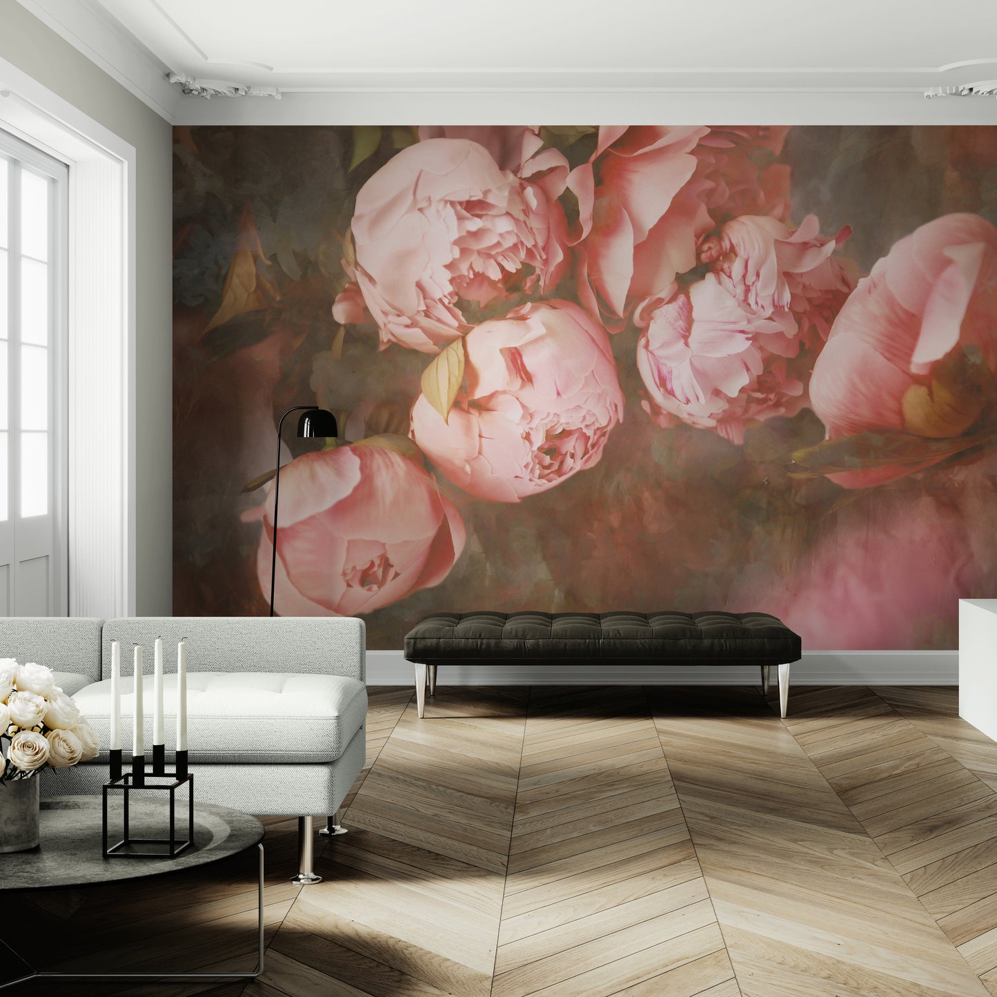 Pfingstrosen-Tapete, extra große Blumentapete, abziehbare und aufklebbare Tapete mit rosa Pfingstrosen, selbstklebende botanische Tapete, Schlafzimmer-Wandbild, abnehmbare Akzenttapete