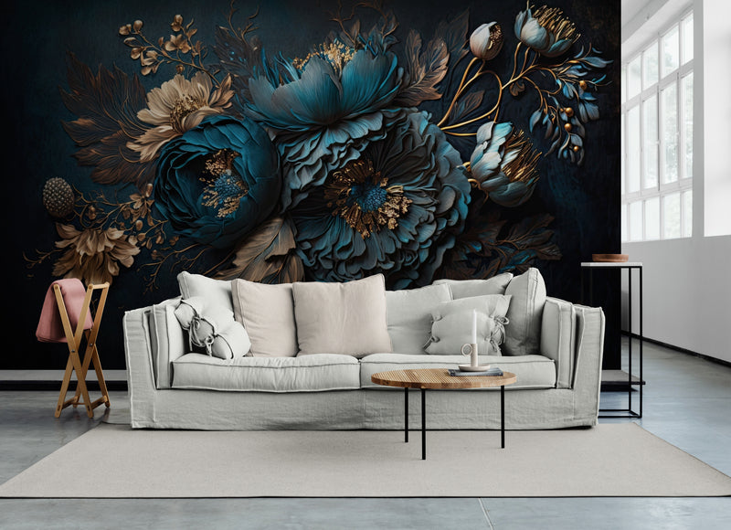 Dunkle Blumentapete, luxuriöses florales Wandbild mit 3D-Effekt, abziehbare und aufklebbare Tapete, selbstklebendes Wandbild in Blau und Gold, abnehmbare Tapete, modernes Wandbild fürs Wohnzimmer