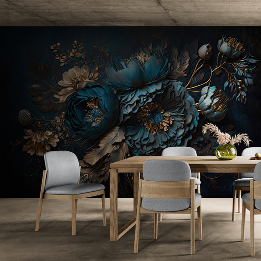 Dunkle Blumentapete, luxuriöses florales Wandbild mit 3D-Effekt, abziehbare und aufklebbare Tapete, selbstklebendes Wandbild in Blau und Gold, abnehmbare Tapete, modernes Wandbild fürs Wohnzimmer