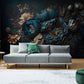 Dunkle Blumentapete, luxuriöses florales Wandbild mit 3D-Effekt, abziehbare und aufklebbare Tapete, selbstklebendes Wandbild in Blau und Gold, abnehmbare Tapete, modernes Wandbild fürs Wohnzimmer
