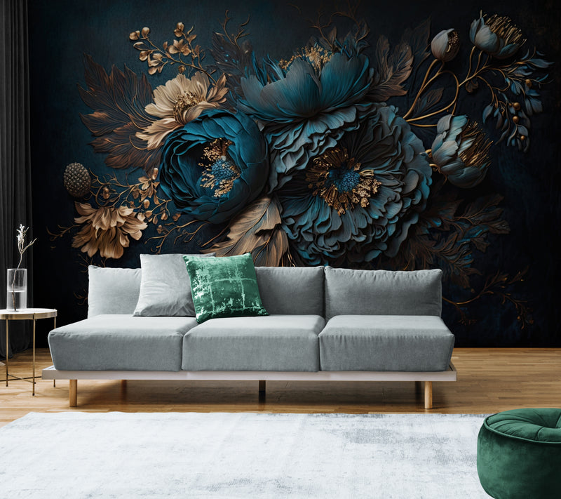 Dunkle Blumentapete, luxuriöses florales Wandbild mit 3D-Effekt, abziehbare und aufklebbare Tapete, selbstklebendes Wandbild in Blau und Gold, abnehmbare Tapete, modernes Wandbild fürs Wohnzimmer