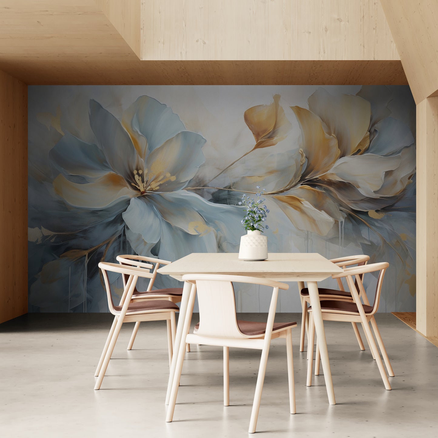 Blumentapete, großes Blumen Wandbild zum Abziehen und Aufkleben, blau-goldene Tapete selbstklebend, botanisches abnehmbares Wandbild, Schlafzimmertapete