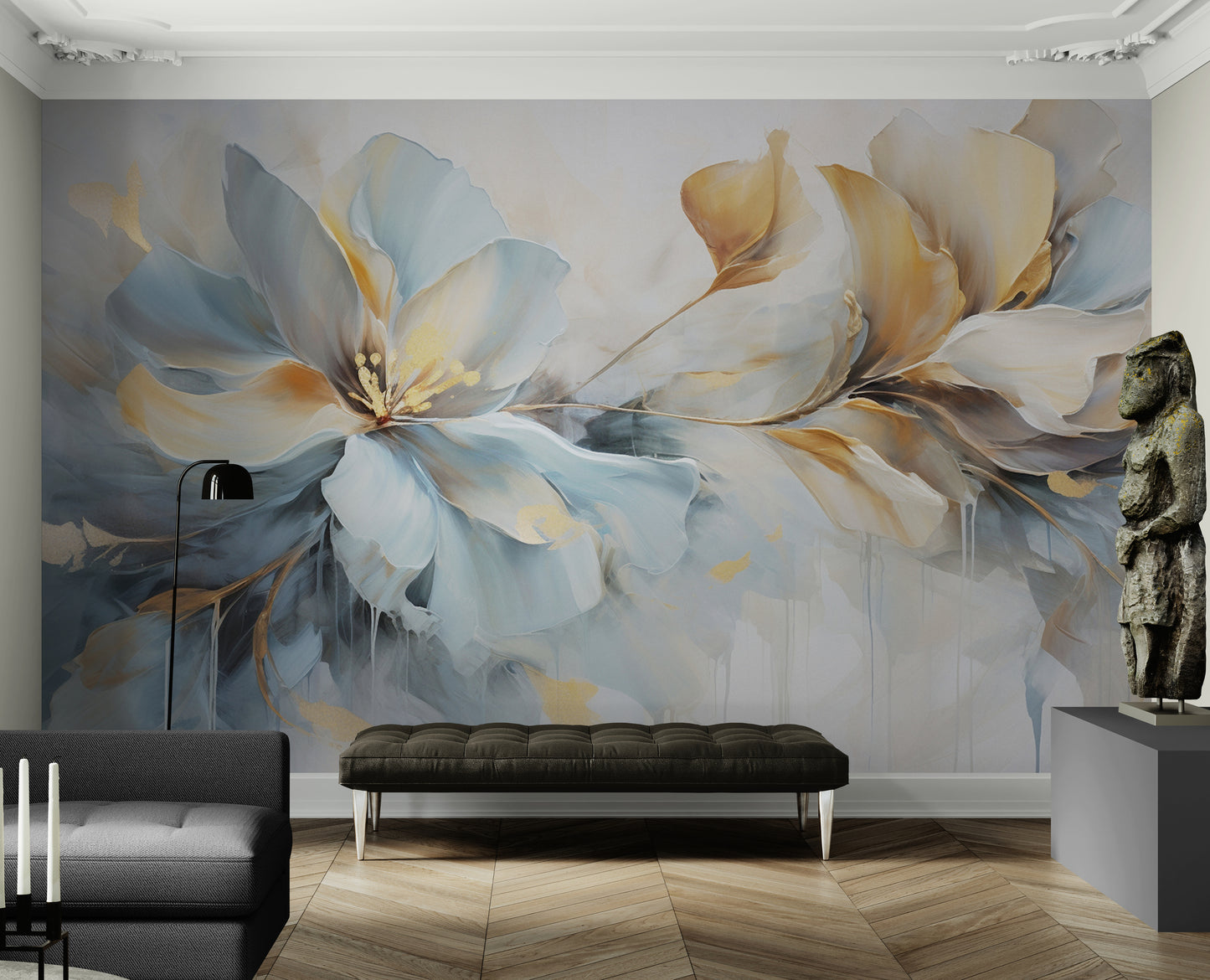 Blumentapete, großes Blumen Wandbild zum Abziehen und Aufkleben, blau-goldene Tapete selbstklebend, botanisches abnehmbares Wandbild, Schlafzimmertapete