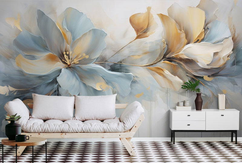Blumentapete, großes Blumen Wandbild zum Abziehen und Aufkleben, blau-goldene Tapete selbstklebend, botanisches abnehmbares Wandbild, Schlafzimmertapete