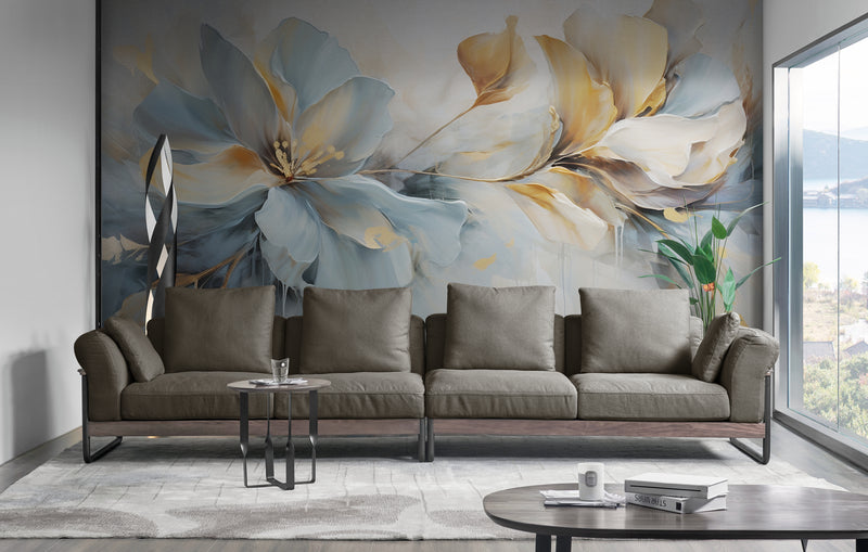 Blumentapete, großes Blumen Wandbild zum Abziehen und Aufkleben, blau-goldene Tapete selbstklebend, botanisches abnehmbares Wandbild, Schlafzimmertapete
