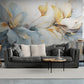 Blumentapete, großes Blumen Wandbild zum Abziehen und Aufkleben, blau-goldene Tapete selbstklebend, botanisches abnehmbares Wandbild, Schlafzimmertapete