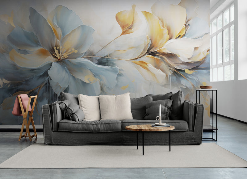 Blumentapete, großes Blumen Wandbild zum Abziehen und Aufkleben, blau-goldene Tapete selbstklebend, botanisches abnehmbares Wandbild, Schlafzimmertapete