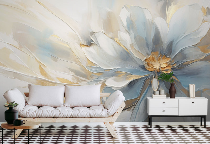 Extra große Blumentapete, Blumen Wandbild zum Abziehen und Aufkleben, blau-goldene Tapete selbstklebend, botanisches abnehmbares Wandbild, Schlafzimmertapete