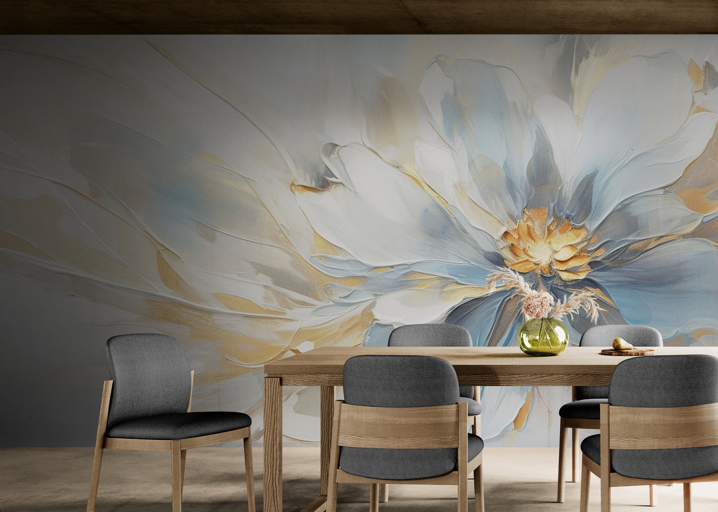 Extra große Blumentapete, Blumen Wandbild zum Abziehen und Aufkleben, blau-goldene Tapete selbstklebend, botanisches abnehmbares Wandbild, Schlafzimmertapete