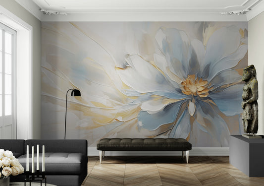 Extra große Blumentapete, Blumen Wandbild zum Abziehen und Aufkleben, blau-goldene Tapete selbstklebend, botanisches abnehmbares Wandbild, Schlafzimmertapete