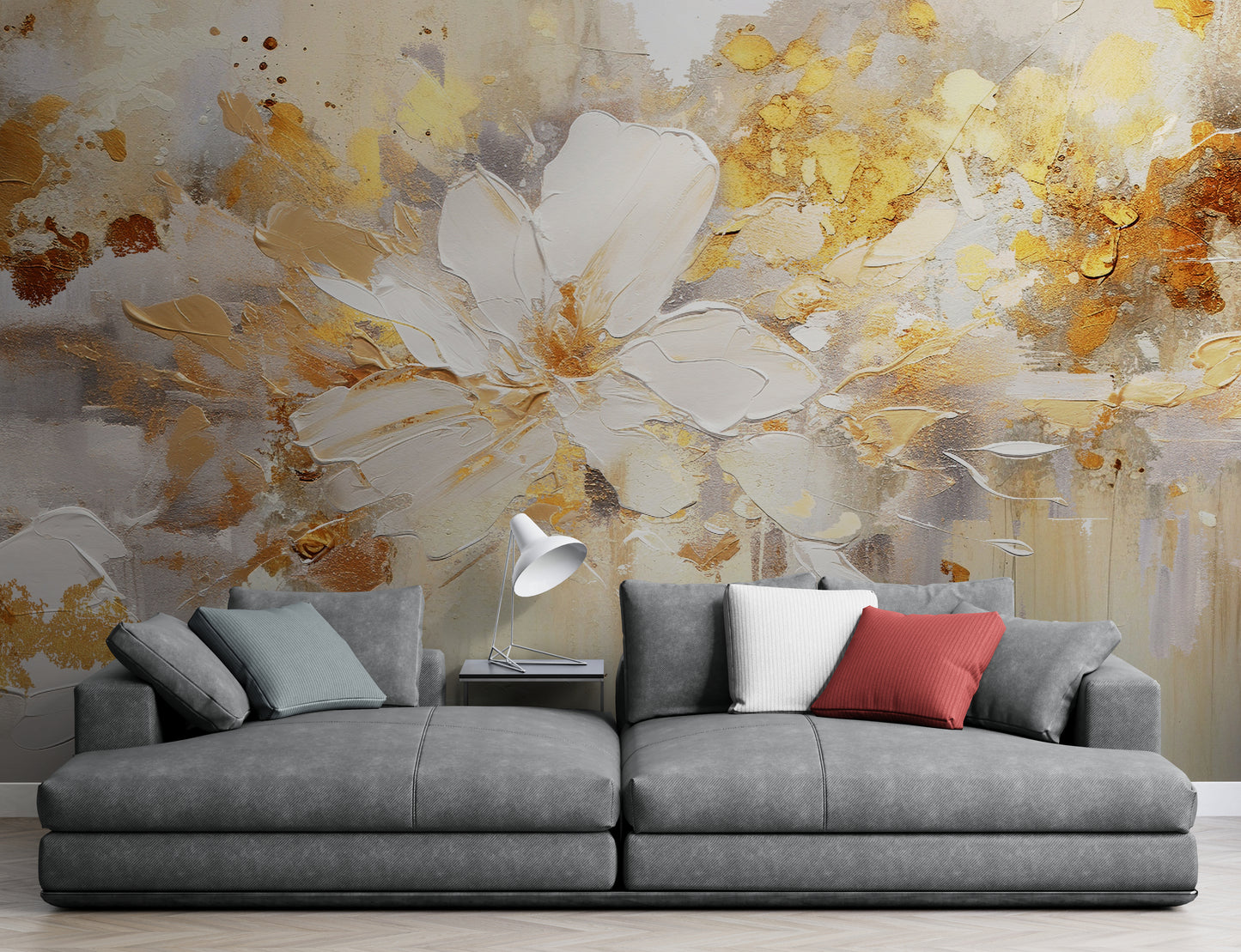 Blumentapete, abstraktes florales Wandbild, Tapete mit Ölgemälde-Effekt zum Abziehen und Aufkleben, selbstklebendes blau-goldenes Tapetenwandbild, abnehmbare Tapete, temporäres Akzentwandbild, Wohnzimmertapete