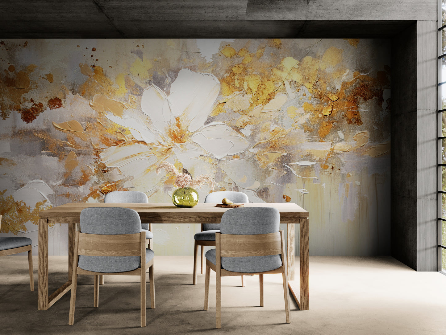 Blumentapete, abstraktes florales Wandbild, Tapete mit Ölgemälde-Effekt zum Abziehen und Aufkleben, selbstklebendes blau-goldenes Tapetenwandbild, abnehmbare Tapete, temporäres Akzentwandbild, Wohnzimmertapete