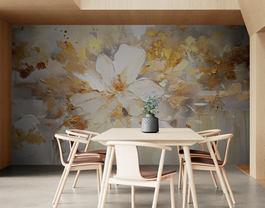 Blumentapete, abstraktes florales Wandbild, Tapete mit Ölgemälde-Effekt zum Abziehen und Aufkleben, selbstklebendes blau-goldenes Tapetenwandbild, abnehmbare Tapete, temporäres Akzentwandbild, Wohnzimmertapete