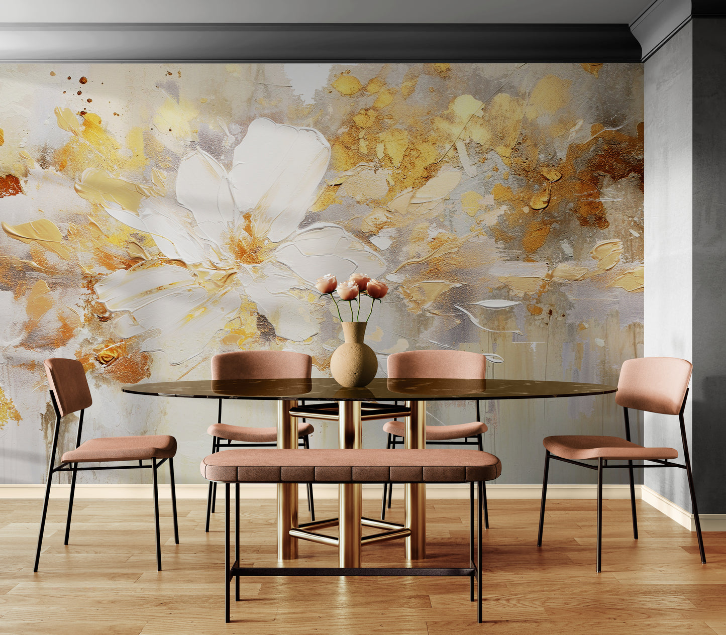 Blumentapete, abstraktes florales Wandbild, Tapete mit Ölgemälde-Effekt zum Abziehen und Aufkleben, selbstklebendes blau-goldenes Tapetenwandbild, abnehmbare Tapete, temporäres Akzentwandbild, Wohnzimmertapete