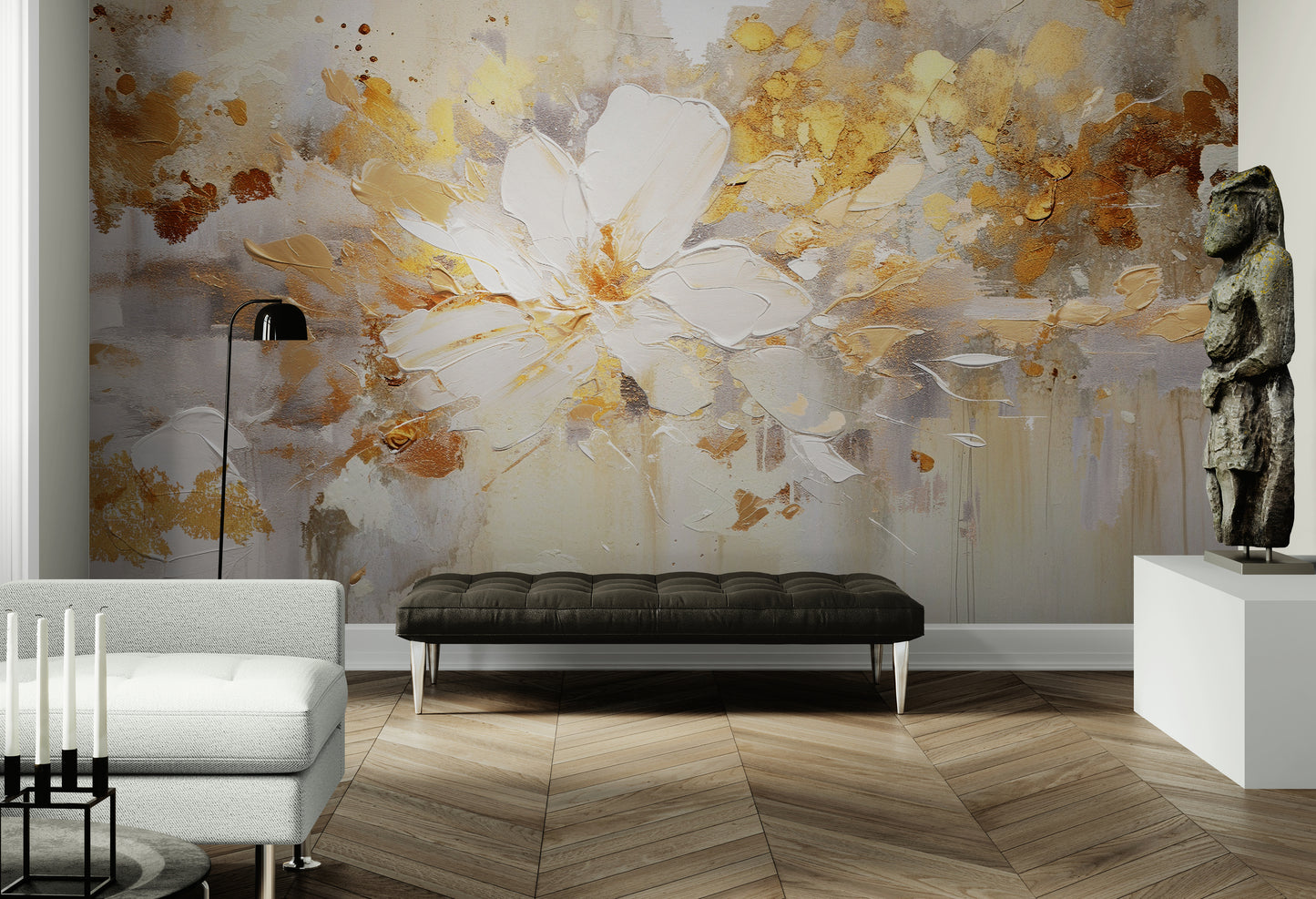 Blumentapete, abstraktes florales Wandbild, Tapete mit Ölgemälde-Effekt zum Abziehen und Aufkleben, selbstklebendes blau-goldenes Tapetenwandbild, abnehmbare Tapete, temporäres Akzentwandbild, Wohnzimmertapete