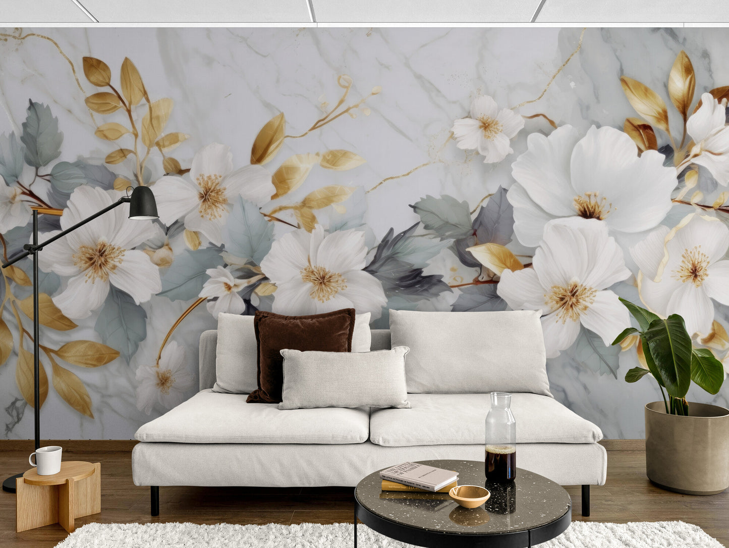 Temporäre Fototapete in goldenen Tönen mit Blumen „ Blüten“