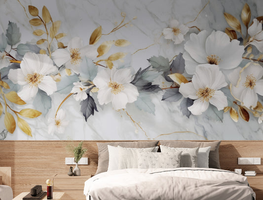 Temporäre Fototapete in goldenen Tönen mit Blumen „ Blüten“