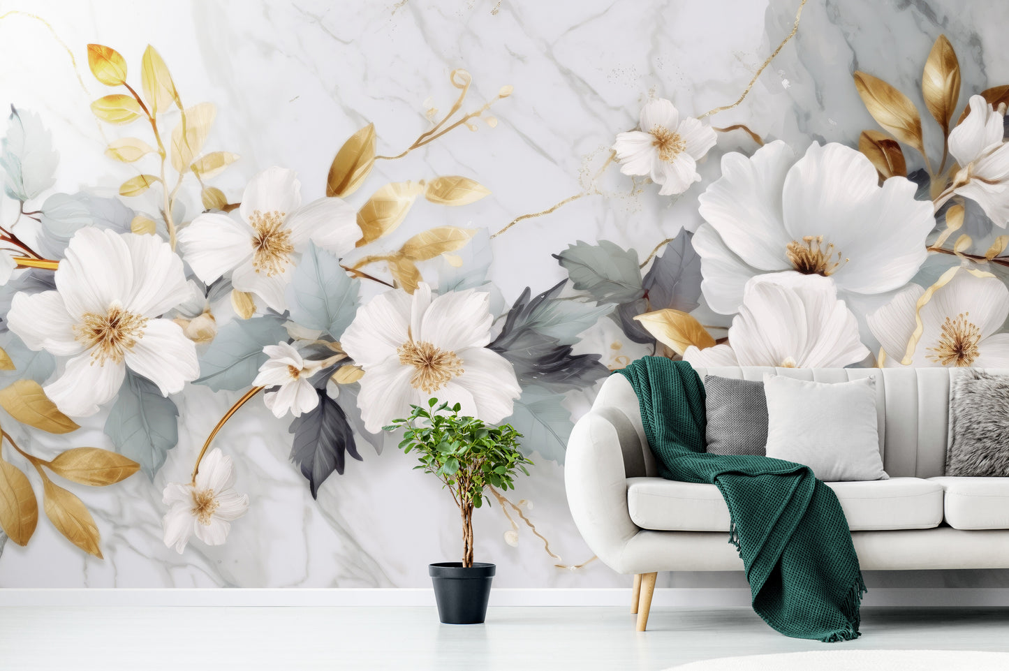 Temporäre Fototapete in goldenen Tönen mit Blumen „ Blüten“