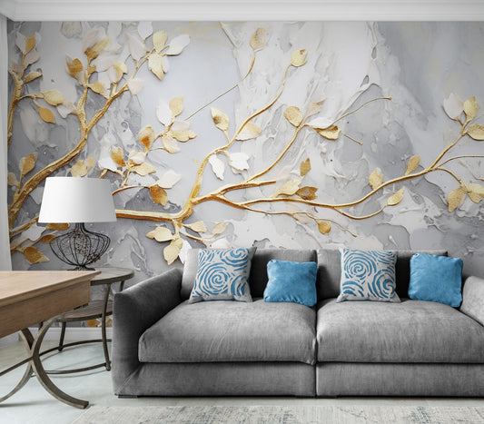 Fototapete mit 3D-Effekt in Weiß und Gold für Zuhause „Goldener Zweig“