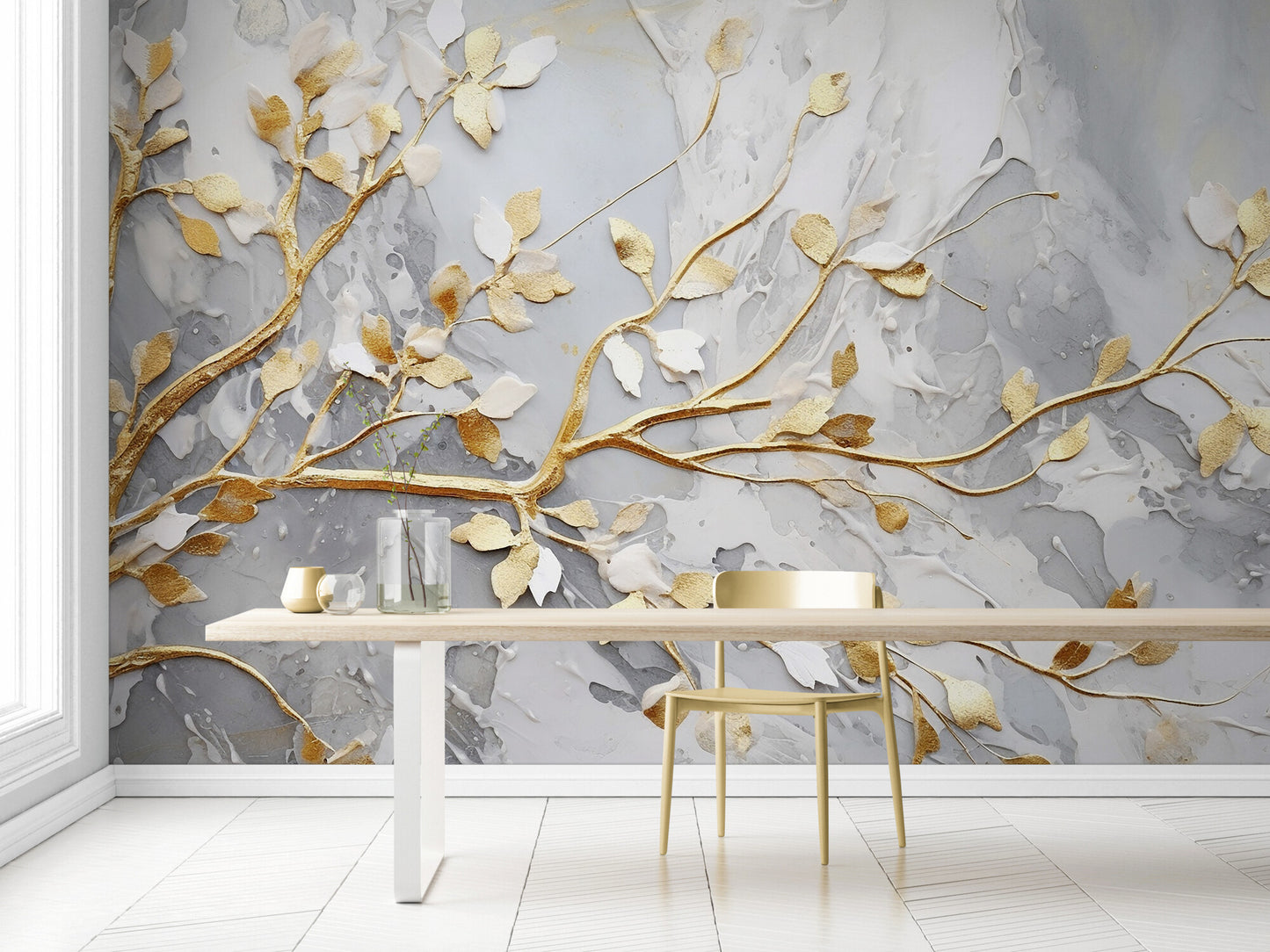 Fototapete mit 3D-Effekt in Weiß und Gold für Zuhause „Goldener Zweig“