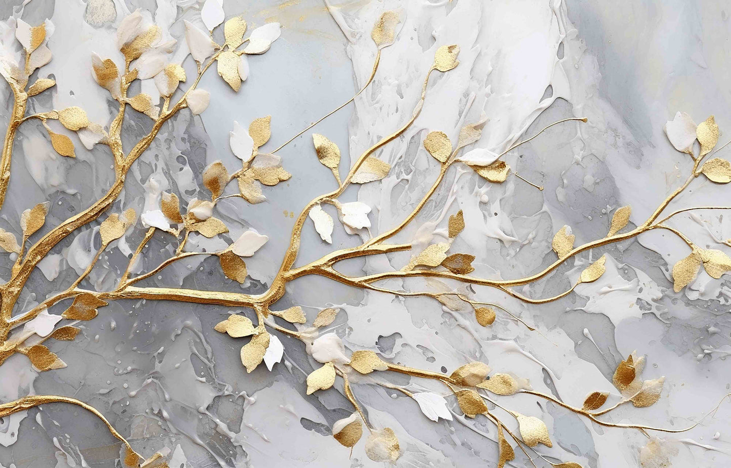 Fototapete mit 3D-Effekt in Weiß und Gold für Zuhause „Goldener Zweig“