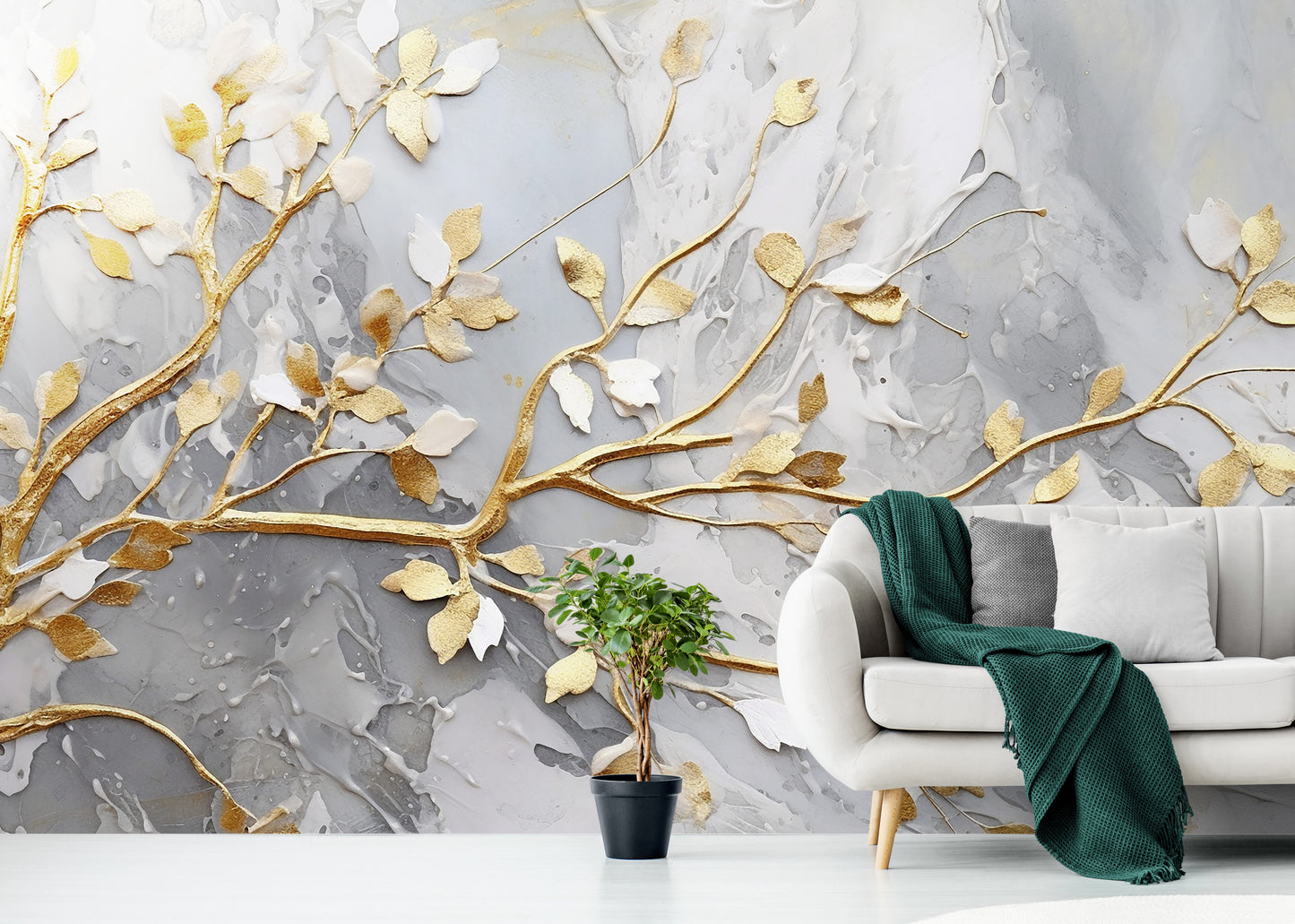 Fototapete mit 3D-Effekt in Weiß und Gold für Zuhause „Goldener Zweig“