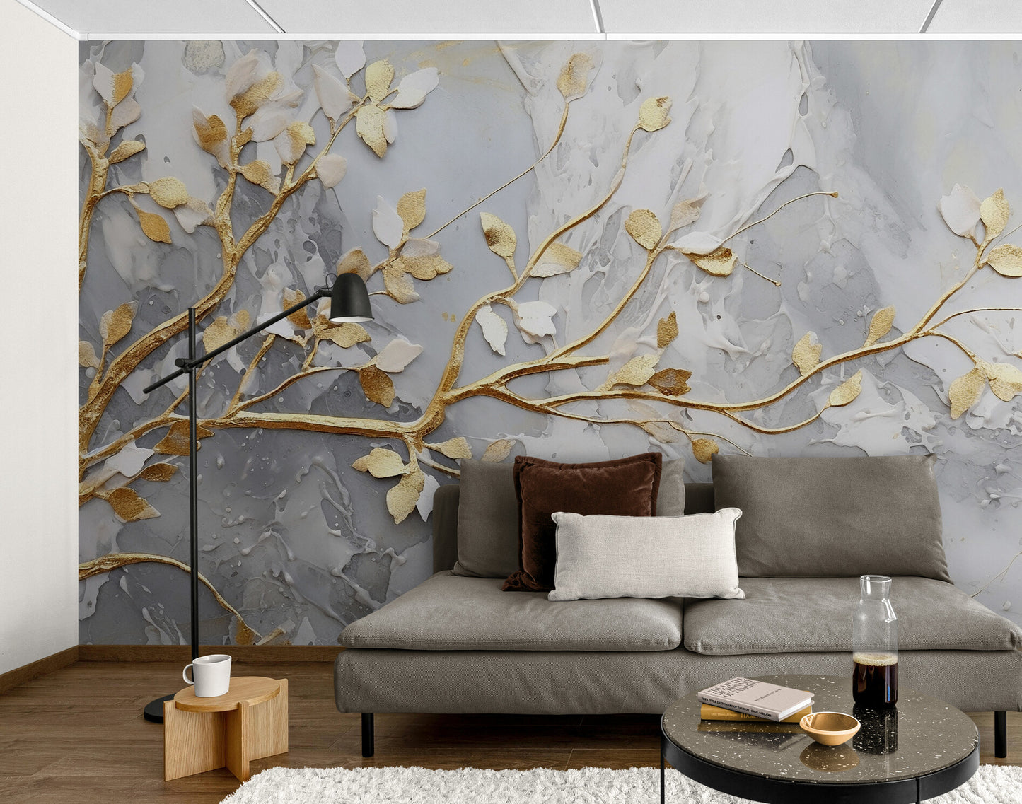 Fototapete mit 3D-Effekt in Weiß und Gold für Zuhause „Goldener Zweig“