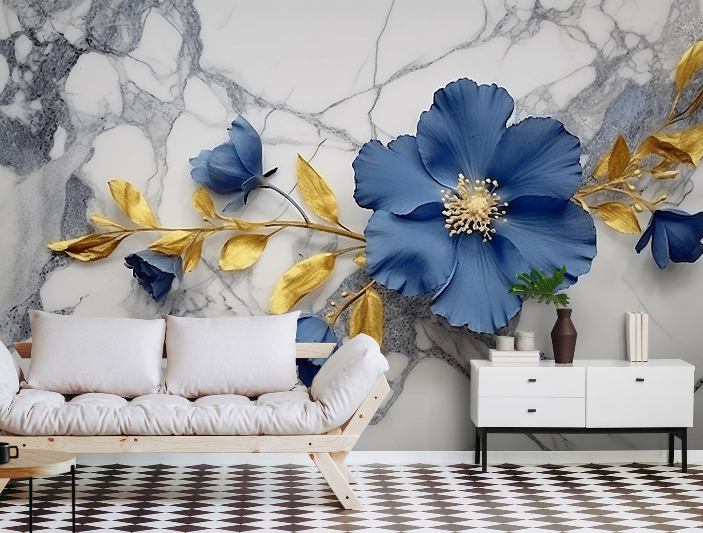 Temporäre Fototapete mit blauen Blumen, selbstklebende Fototapete „Blaue Blüten“