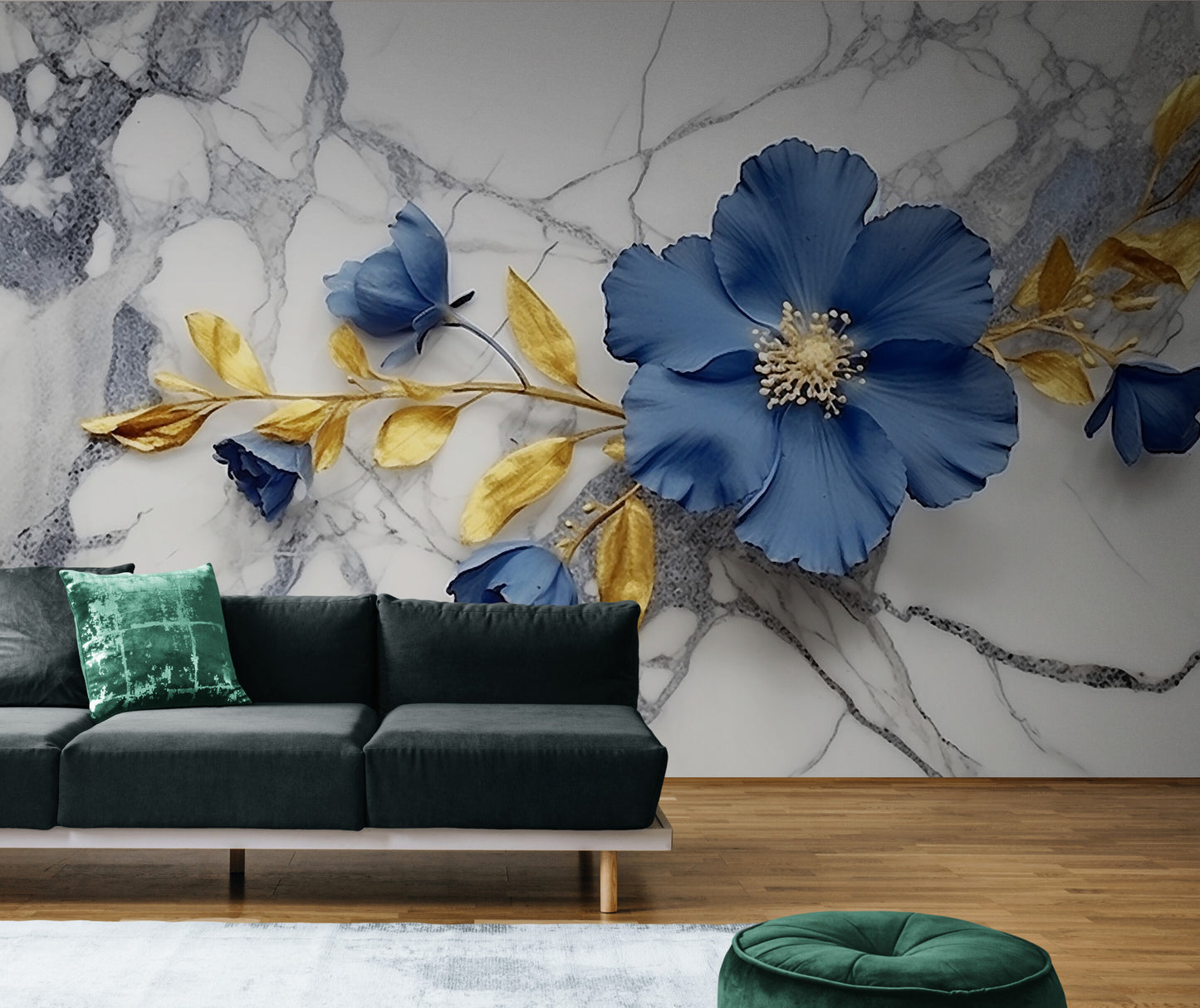 Temporäre Fototapete mit blauen Blumen, selbstklebende Fototapete „Blaue Blüten“