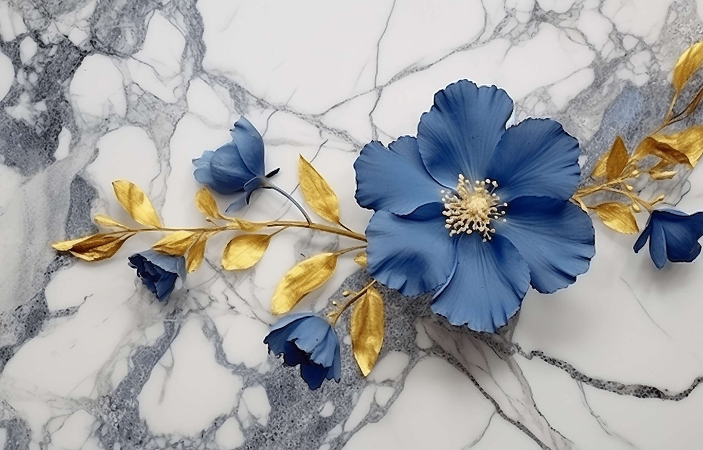 Temporäre Fototapete mit blauen Blumen, selbstklebende Fototapete „Blaue Blüten“
