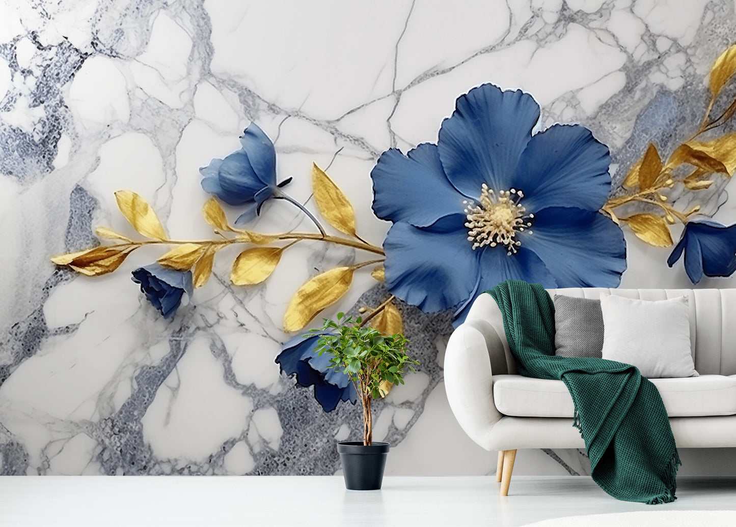 Temporäre Fototapete mit blauen Blumen, selbstklebende Fototapete „Blaue Blüten“
