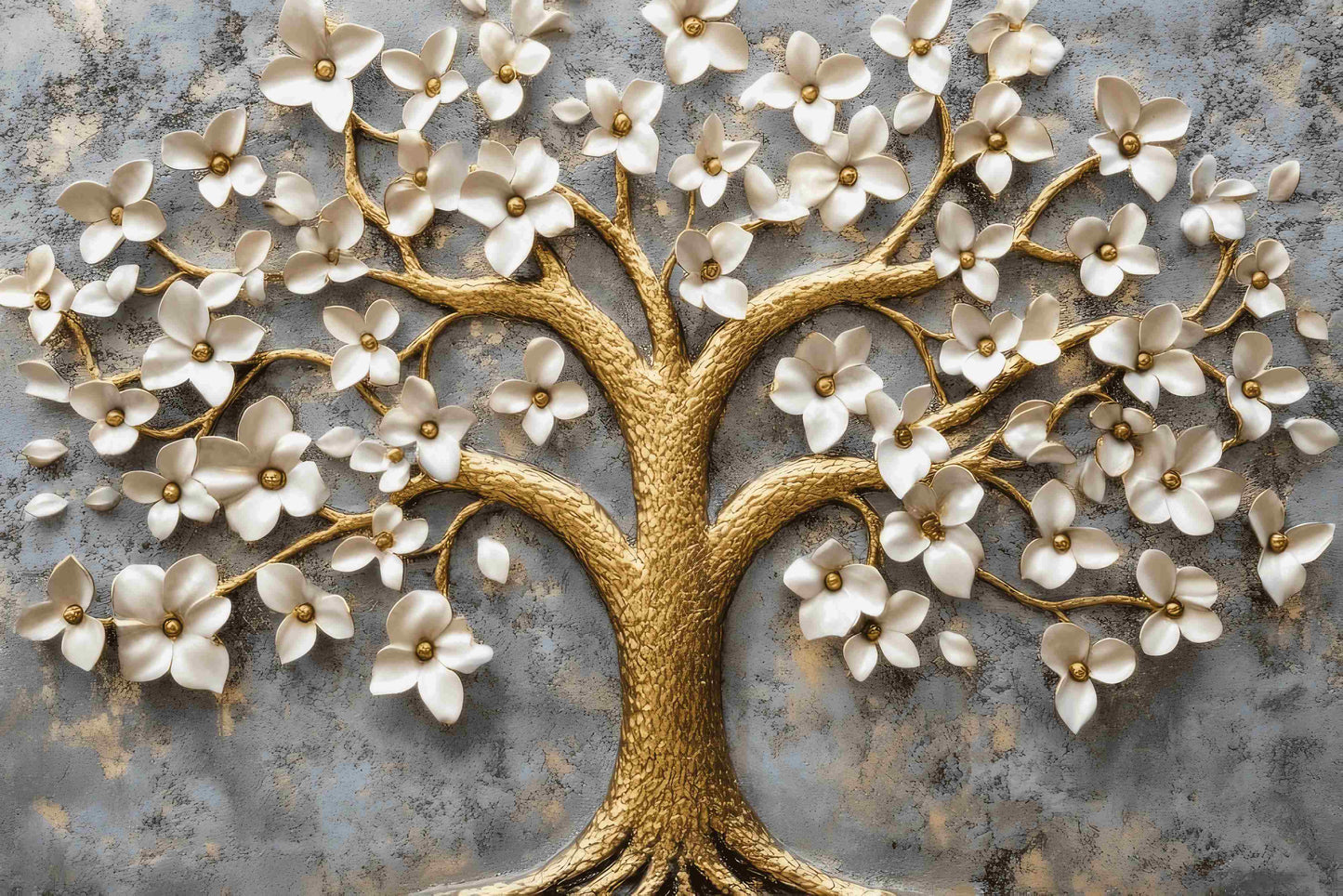 Fototapete mit 3D-Motiv für die Raumgestaltung, Blumen- und Baum-Motiv für die Wand „Blühender Baum und Blumen“
