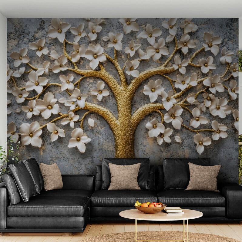 Fototapete mit 3D-Motiv für die Raumgestaltung, Blumen- und Baum-Motiv für die Wand „Blühender Baum und Blumen“