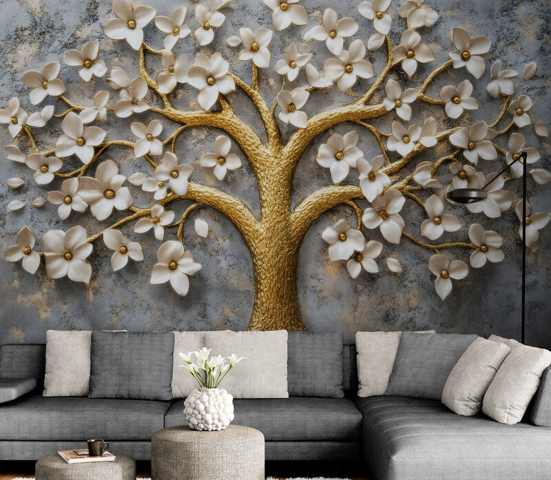 Fototapete mit 3D-Motiv für die Raumgestaltung, Blumen- und Baum-Motiv für die Wand „Blühender Baum und Blumen“
