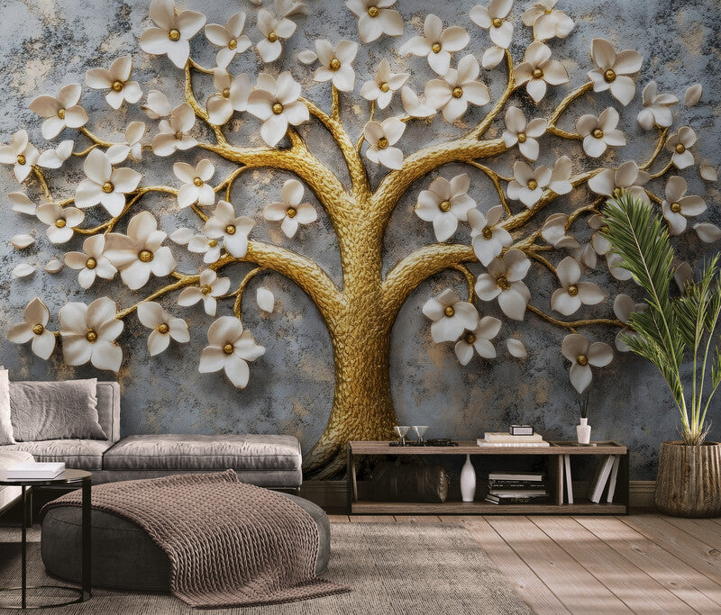 Fototapete mit 3D-Motiv für die Raumgestaltung, Blumen- und Baum-Motiv für die Wand „Blühender Baum und Blumen“