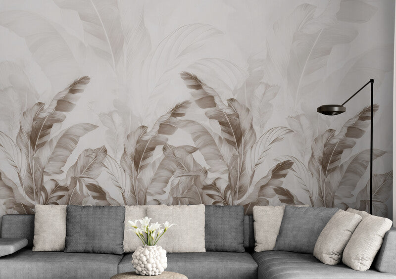 Fototapete mit Blättermotiv, neutrale selbstklebende Fototapete für die Wand „Sanfte Blätter“