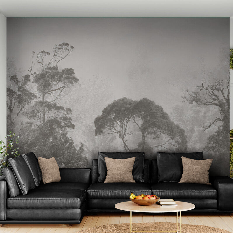 Fototapete in Grau-Weiß mit Baummotiv, modernes Natur-Wandmotiv für die Wand „Grauer Wald“