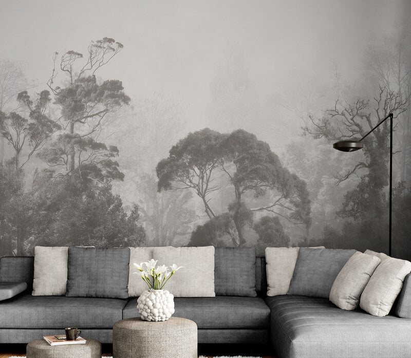 Fototapete in Grau-Weiß mit Baummotiv, modernes Natur-Wandmotiv für die Wand „Grauer Wald“
