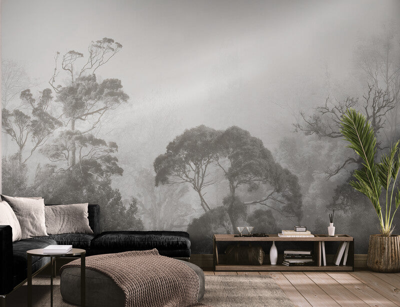 Fototapete in Grau-Weiß mit Baummotiv, modernes Natur-Wandmotiv für die Wand „Grauer Wald“