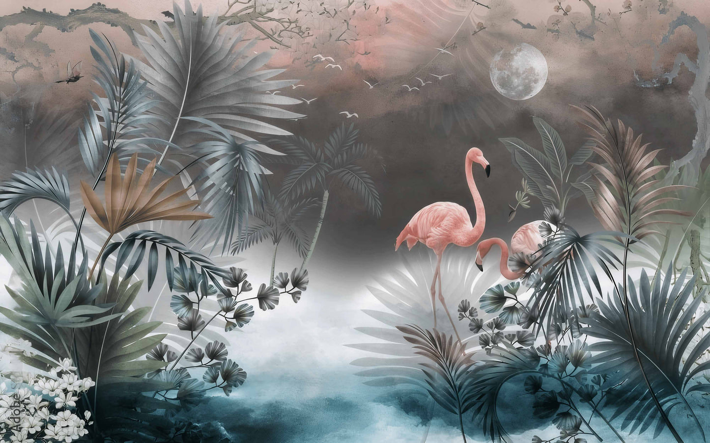 Temporäre Fototapete mit Flamingo-Motiv, tropisches Wanddesign „Elegante Flamingos“